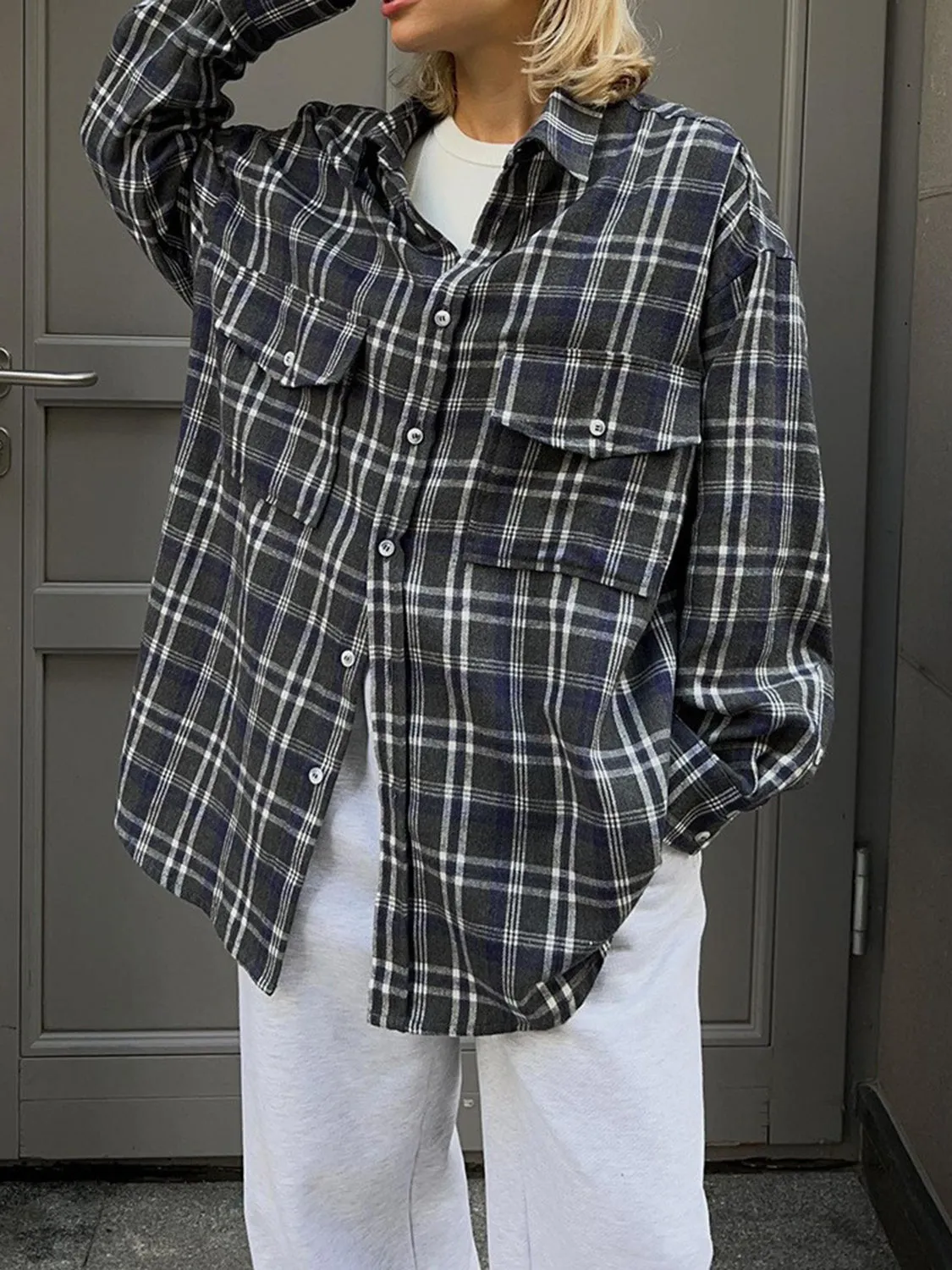 Pocketed Plaid Button Up Shacket sold by Charming Charlie product image thumbnail 4