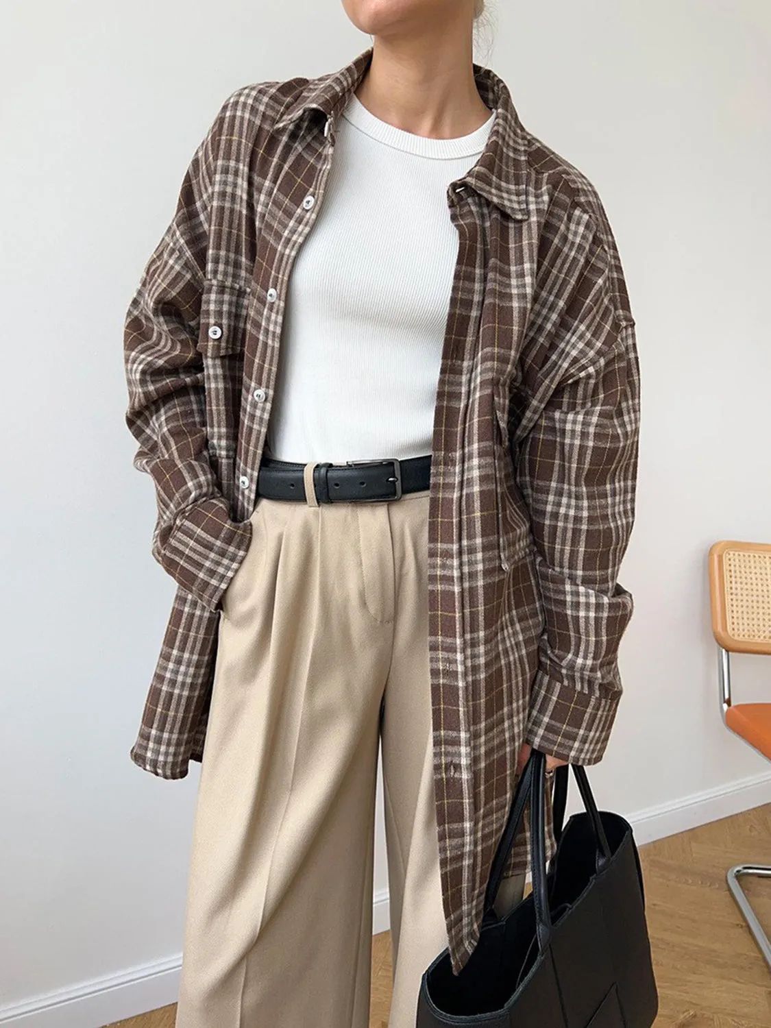 Pocketed Plaid Button Up Shacket sold by Charming Charlie product image thumbnail 2