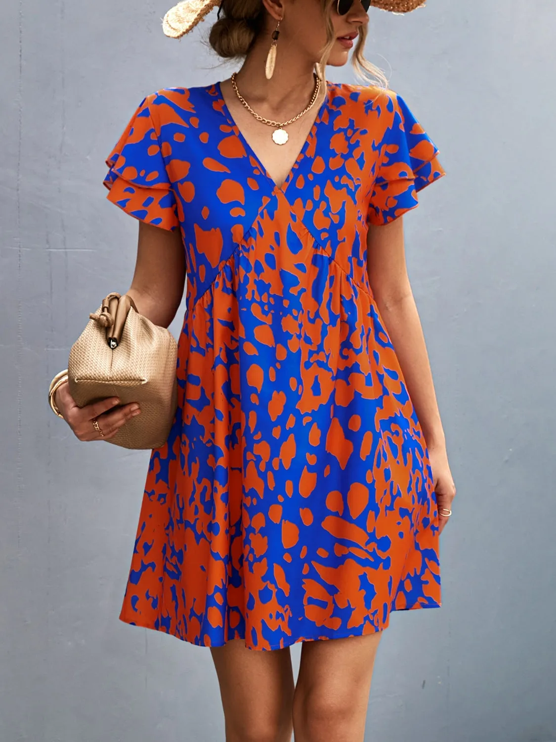 Ruffled Printed V-Neck Short Sleeve Mini Dress sold by Charming Charlie product image thumbnail 3