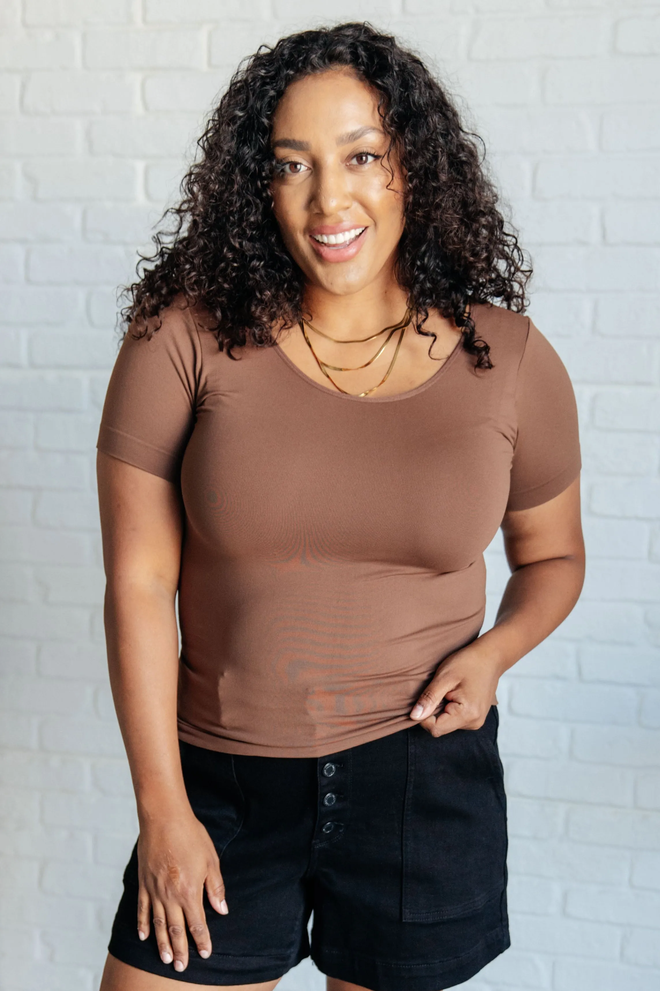 Everyday Scoop Neck Short Sleeve Top in Coffee sold by Charming Charlie