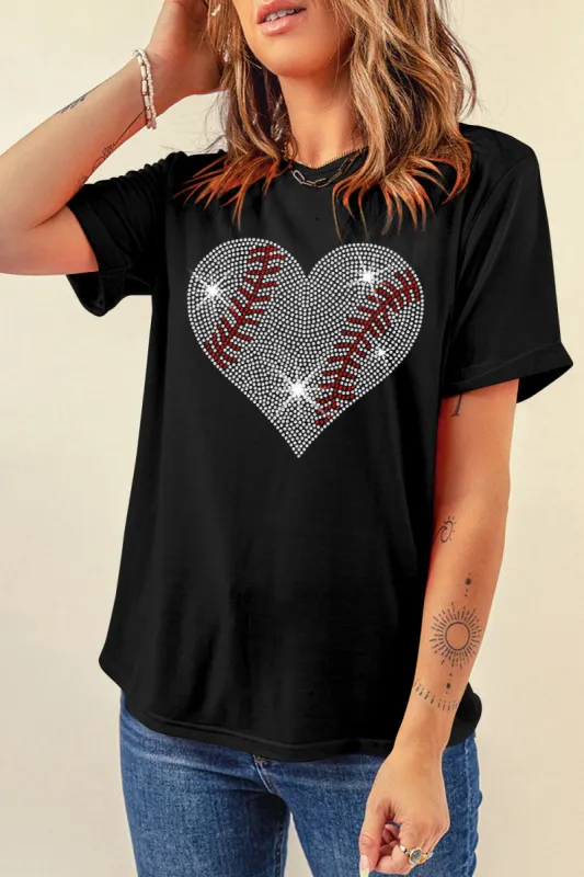 Rhinestone Heart Round Neck Short Sleeve T-Shirt sold by Charming Charlie