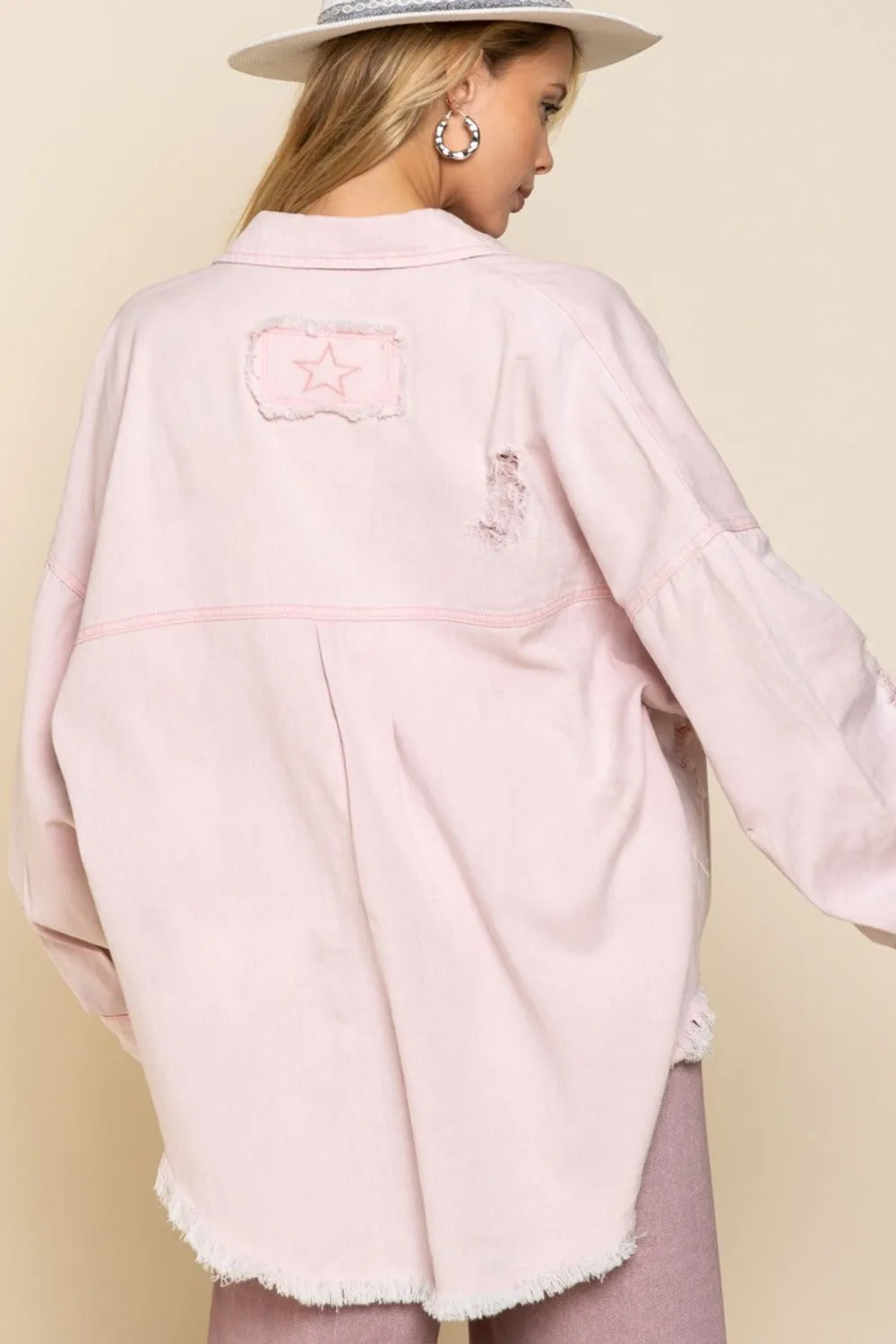 POL Button Down Raw Hem Distressed Shacket sold by Charming Charlie product image thumbnail 2