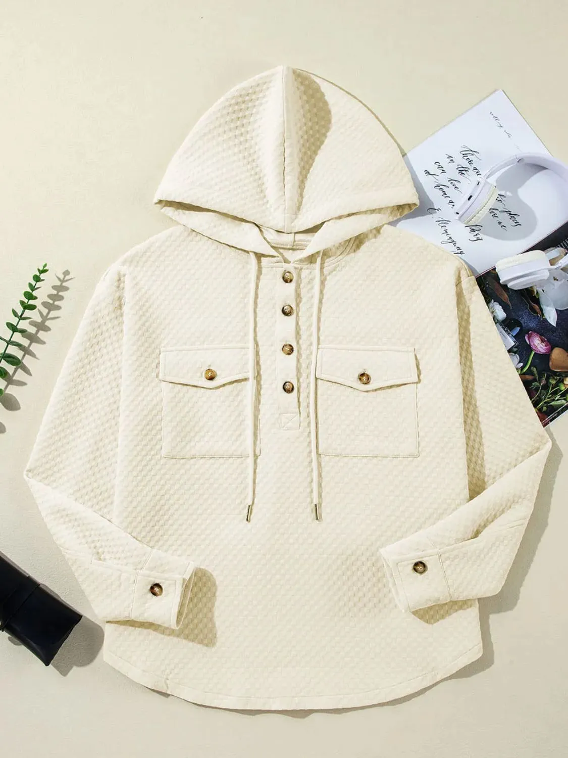 Drawstring Half Button Long Sleeve Hoodie sold by Charming Charlie product image thumbnail 3