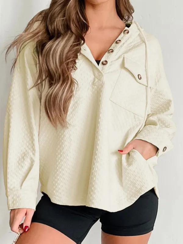 Drawstring Half Button Long Sleeve Hoodie sold by Charming Charlie