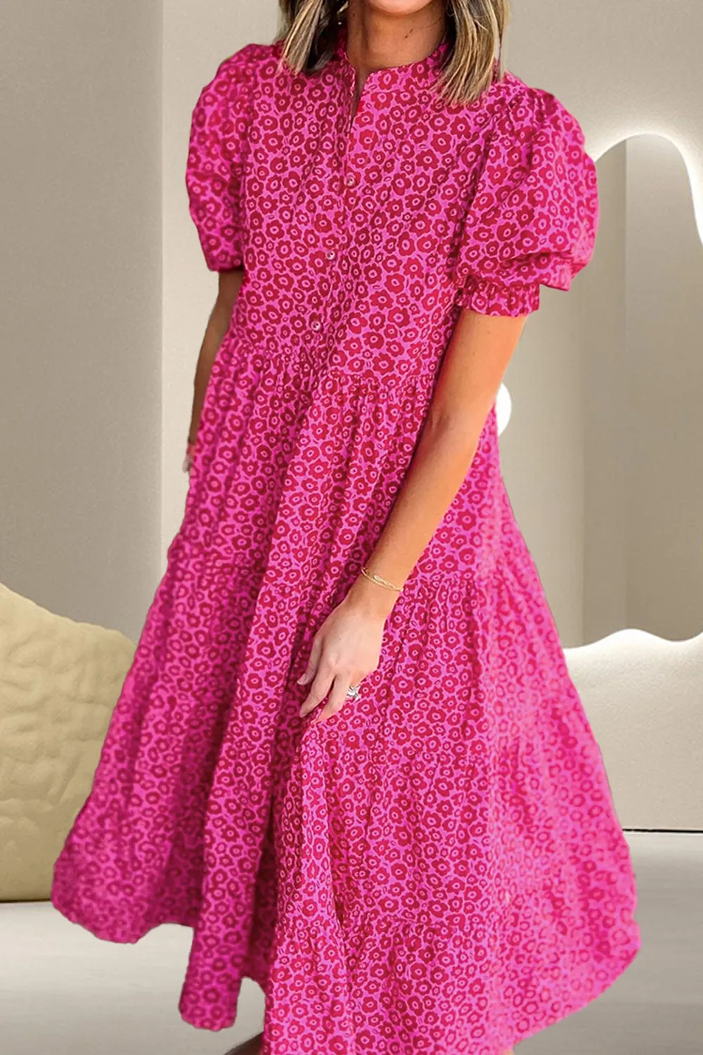 Printed Notched Puff Sleeve Midi Dress sold by Charming Charlie product image thumbnail 2