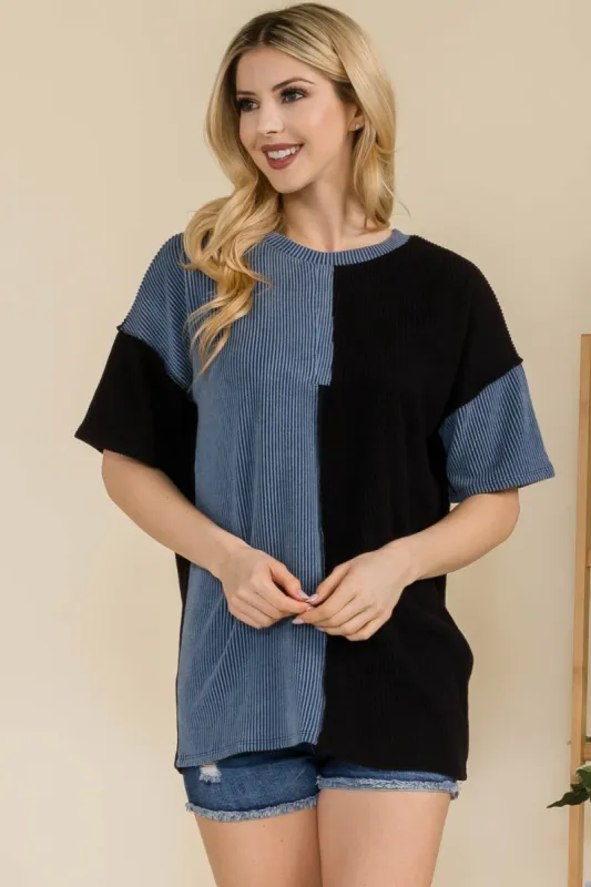 Celeste Full Size Ribbed Color Block Short Sleeve T-Shirt sold by Charming Charlie