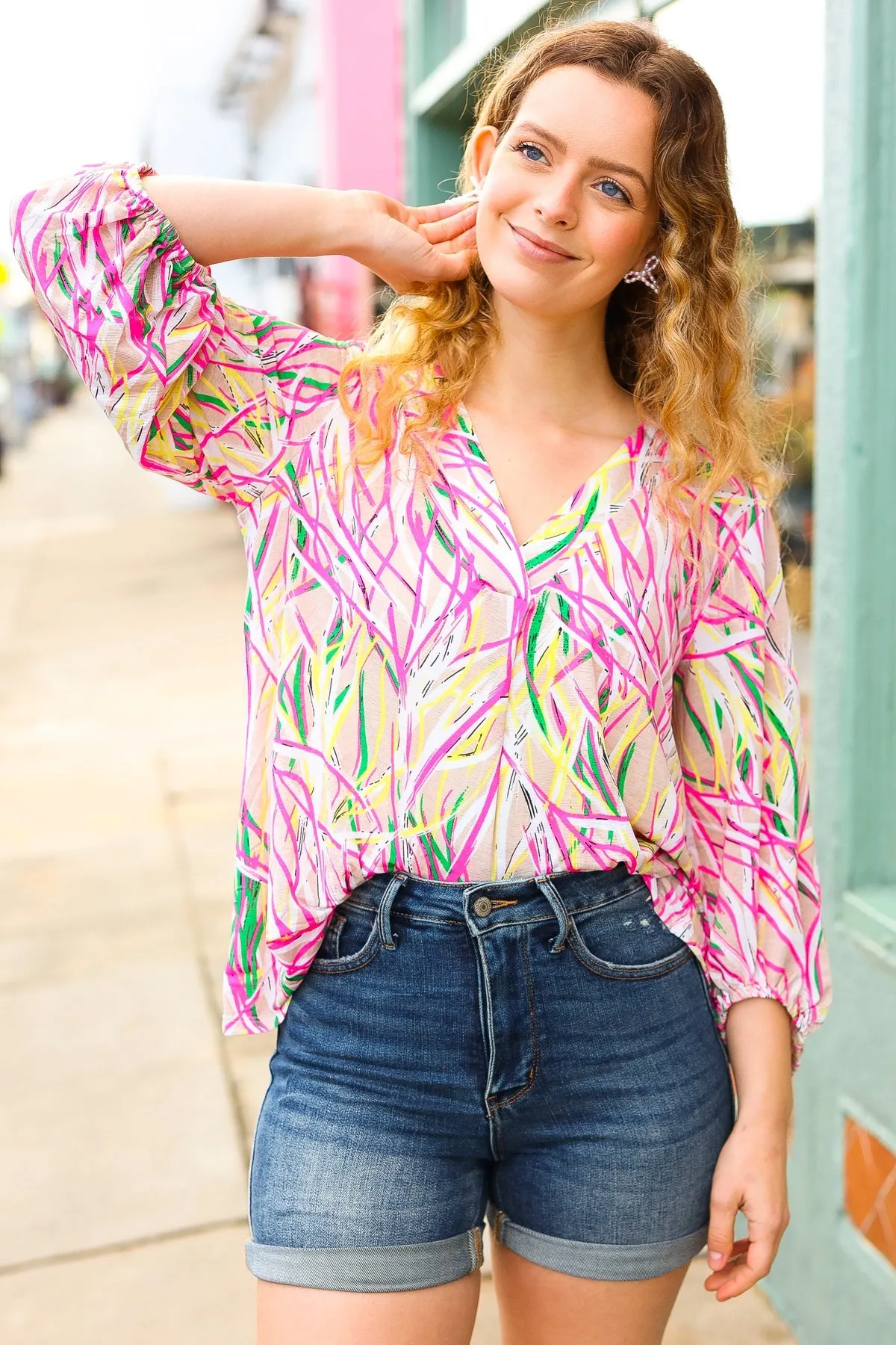 Life's A Party Fuchsia & Yellow Abstract Print V Neck Top sold by Charming Charlie product image thumbnail 3
