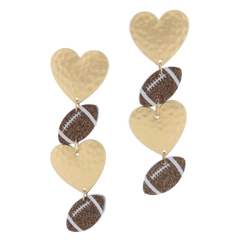 Stacked Gold Hammered Heart Post and Brown Glitter Acrylic Footballs Earrings, 3" Top to Bottom sold by Charming Charlie