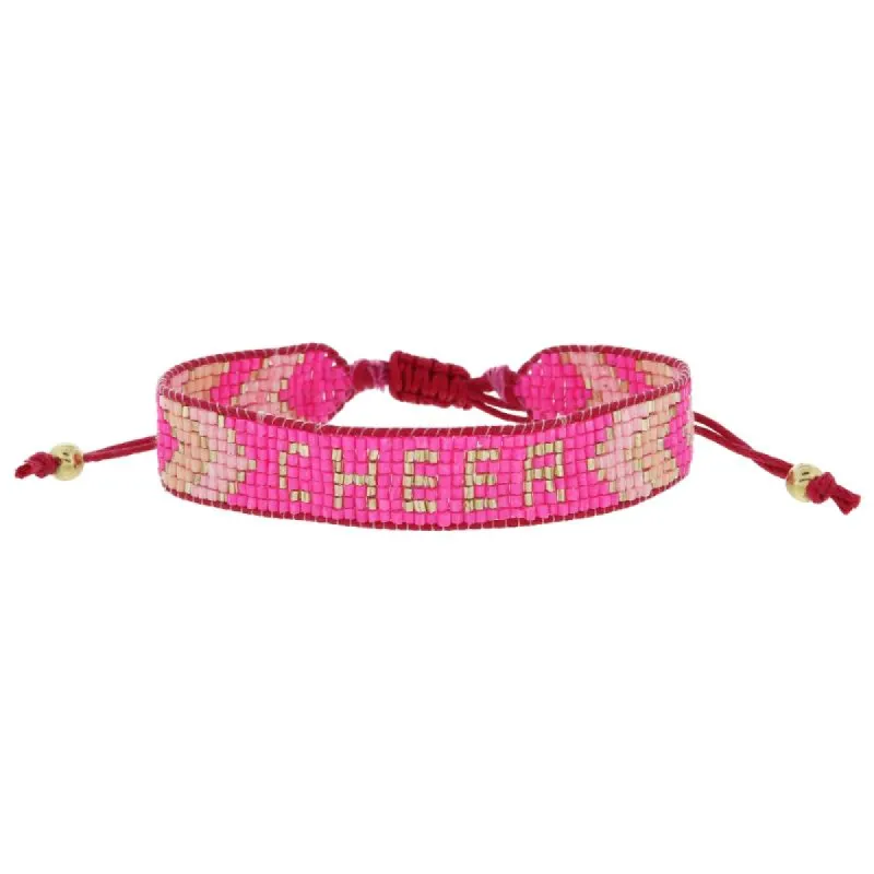 Hot Pink, Light Pink, Peachy Pink, Gold with "CHEER" Woven Beaded Band Bracelet, .5" Wide sold by Charming Charlie