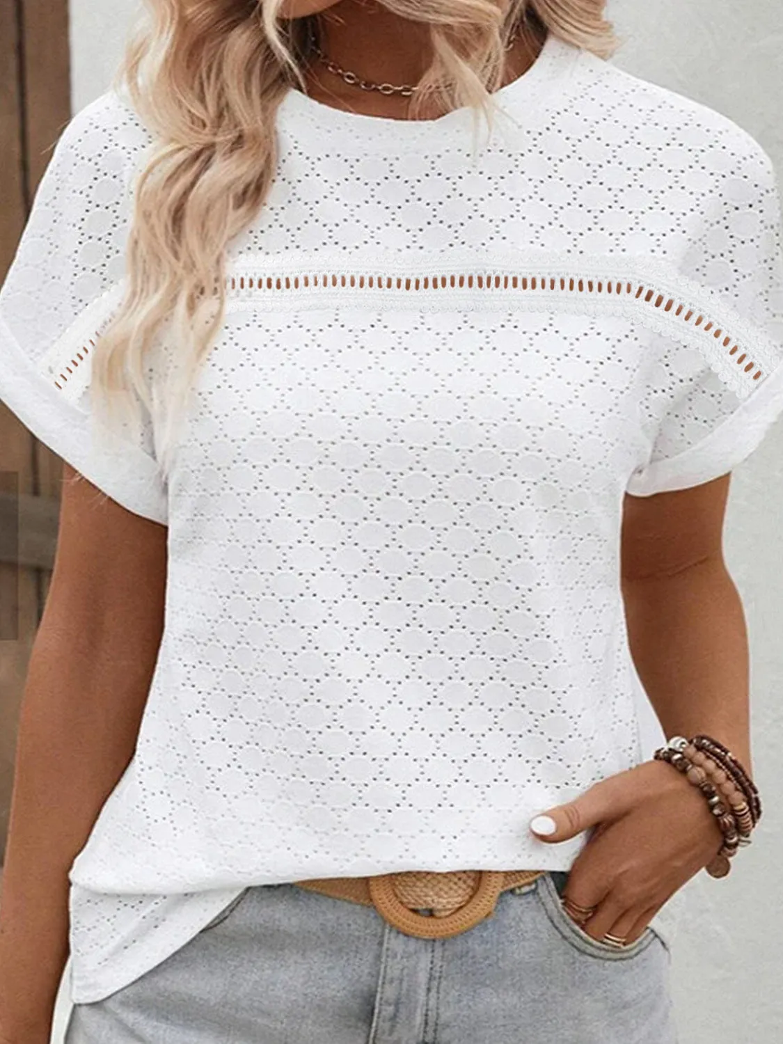 Eyelet Round Neck Short Sleeve Blouse sold by Charming Charlie