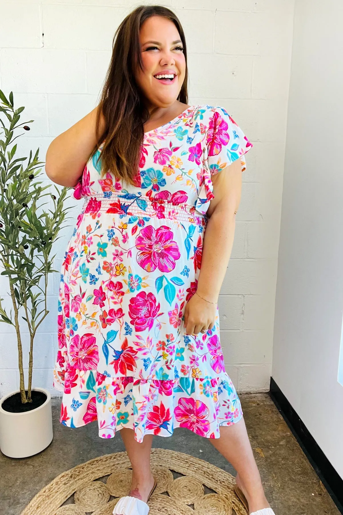 Hello Beautiful Ivory & Fuchsia Floral Sequin Smock Waist Midi Dress sold by Charming Charlie product image thumbnail 2
