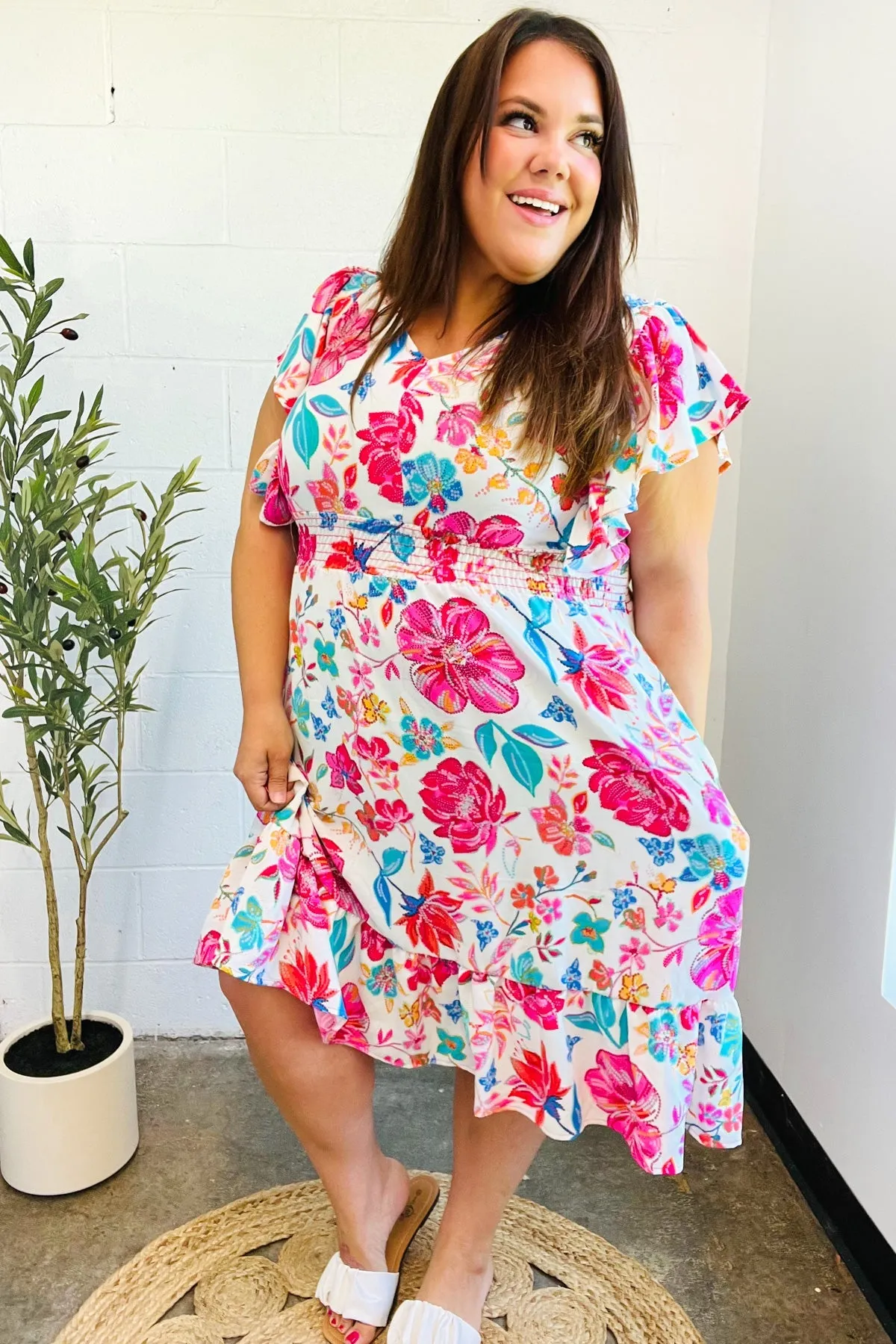 Hello Beautiful Ivory & Fuchsia Floral Sequin Smock Waist Midi Dress sold by Charming Charlie product image thumbnail 3