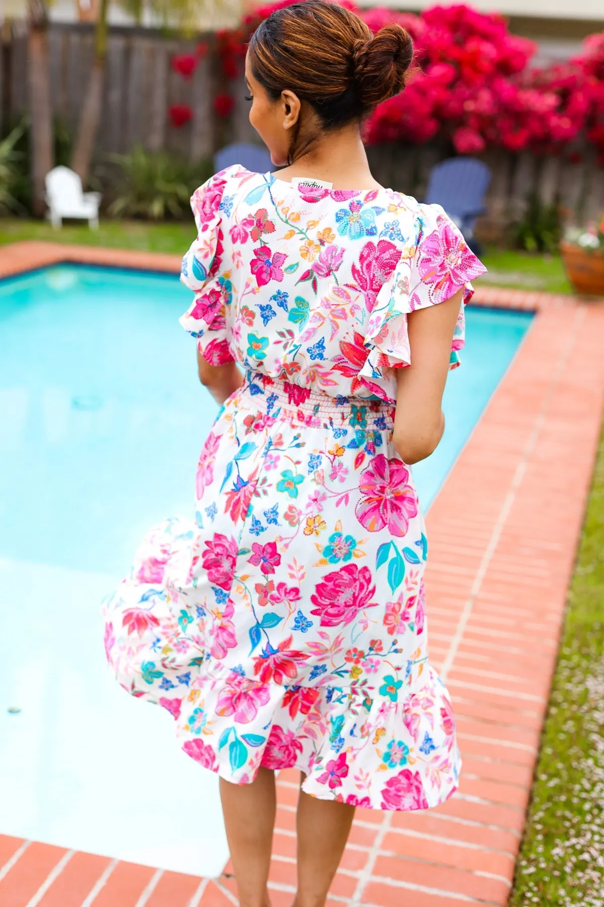 Hello Beautiful Ivory & Fuchsia Floral Sequin Smock Waist Midi Dress sold by Charming Charlie product image thumbnail 5