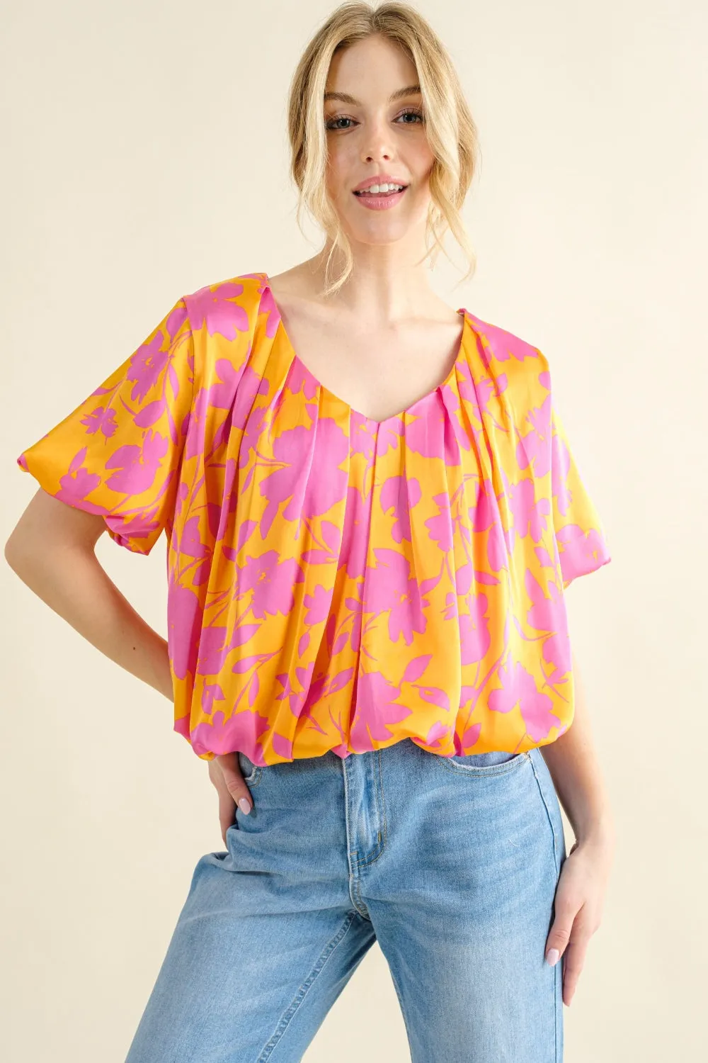 And The Why Full Size Printed Satin Bubble Hem Top sold by Charming Charlie