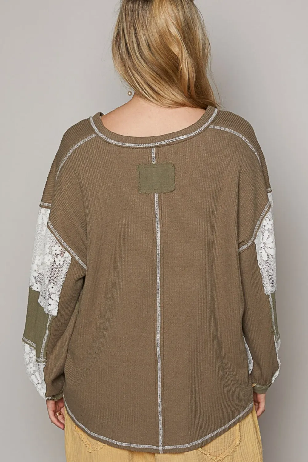 POL V-Neck Lace Balloon Sleeve Exposed Seam Top sold by Charming Charlie product image thumbnail 2