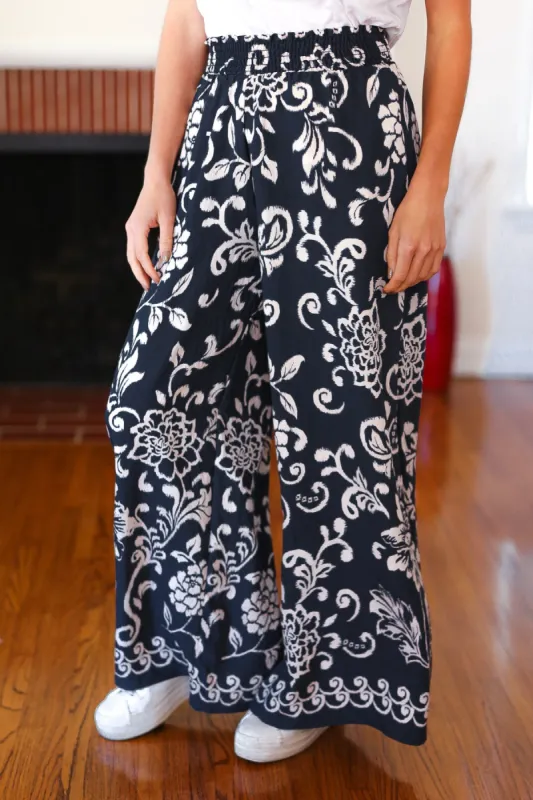 You Got This Navy Paisley Floral Smocked Waist Palazzo Pants sold by Charming Charlie