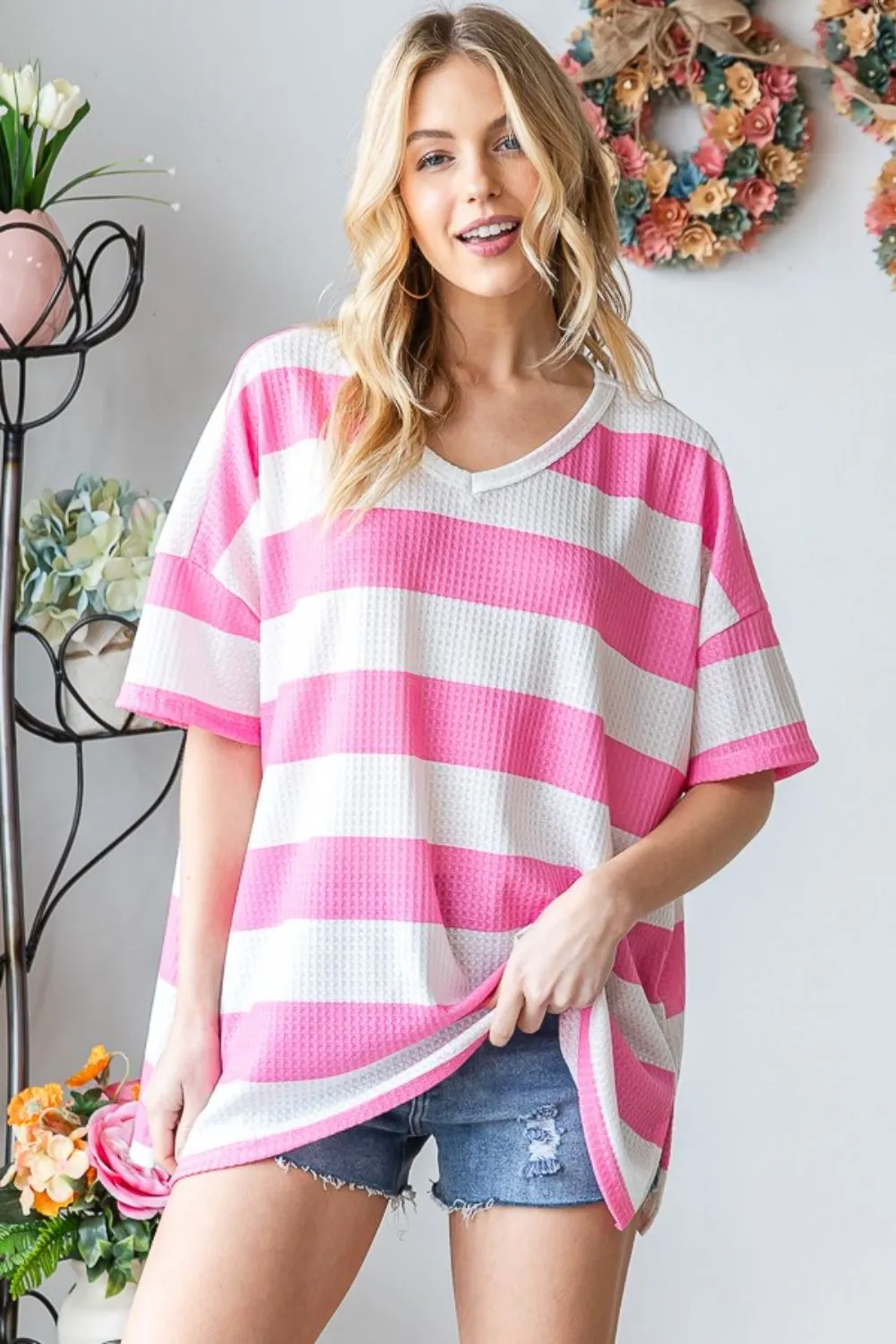 HOPELY Striped Waffle Oversized T-Shirt sold by Charming Charlie product image thumbnail 3