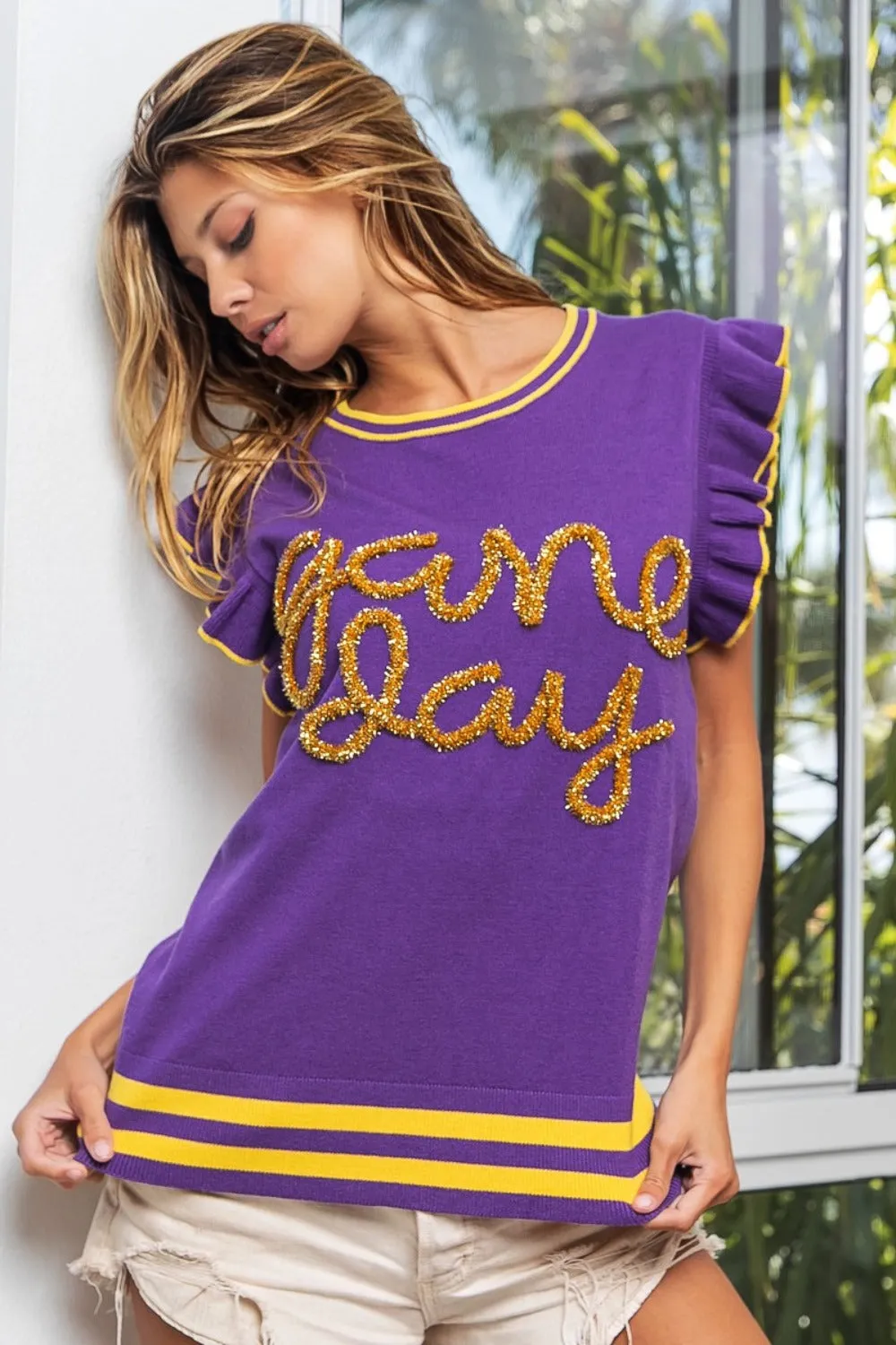 BiBi Game Day Letter Contrast Trim Ruffled Sleeveless Sweater sold by Charming Charlie product image thumbnail 3