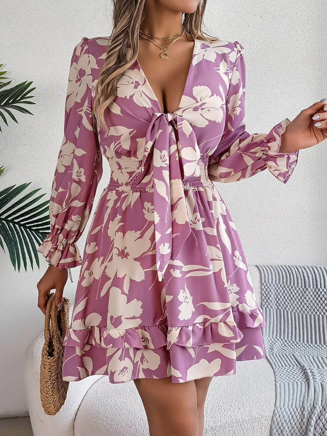 Tied Ruffled Printed Long Sleeve Dress sold by Charming Charlie