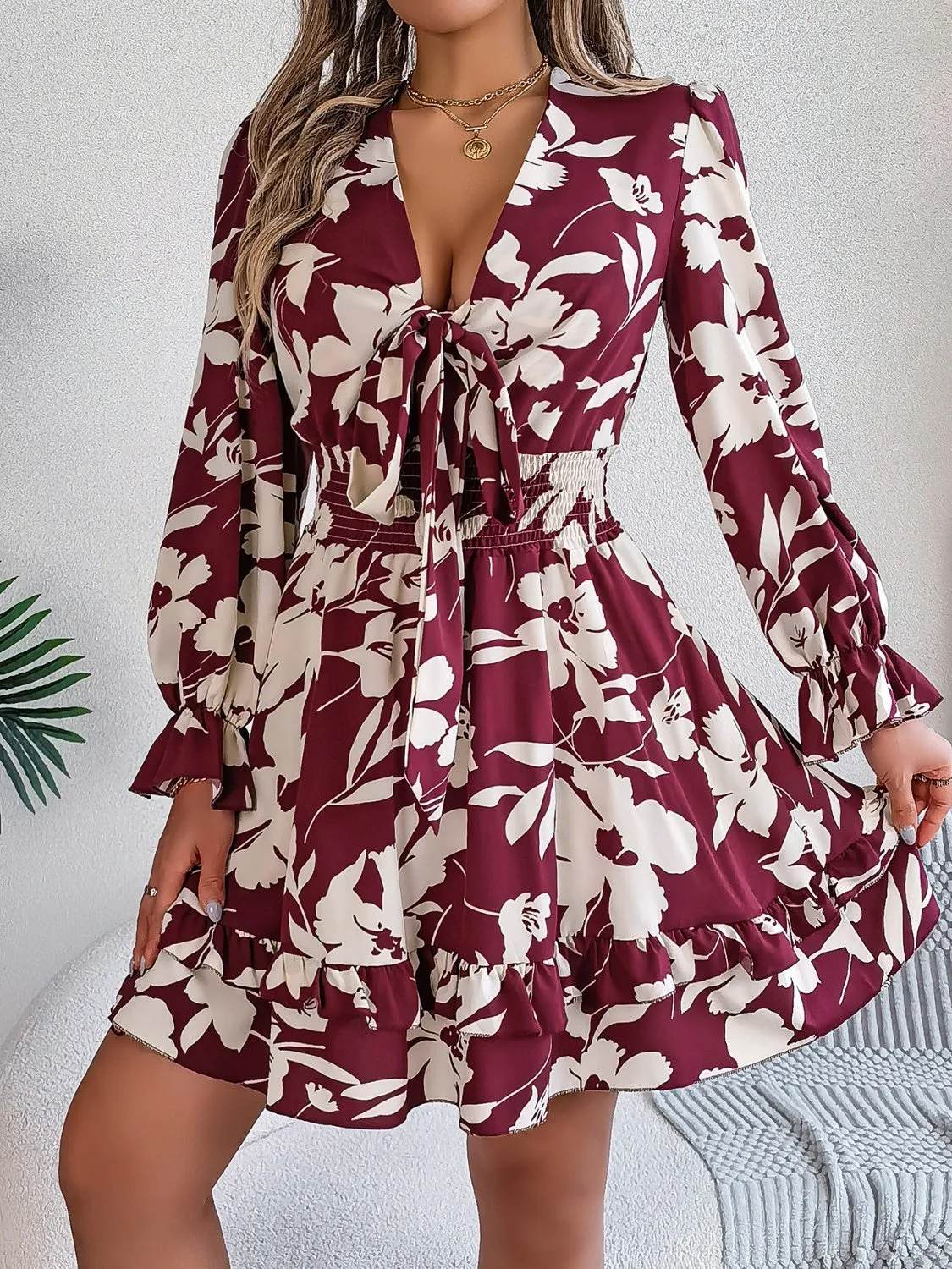Tied Ruffled Printed Long Sleeve Dress sold by Charming Charlie product image thumbnail 5