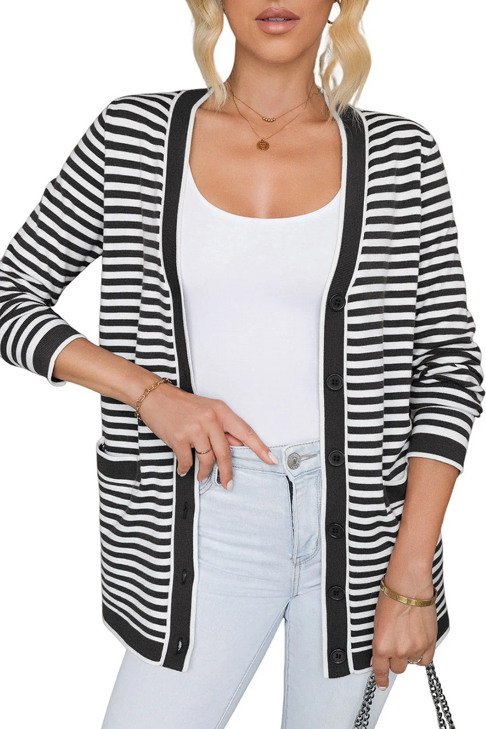 Striped Open Front Long Sleeve Cardigan sold by Charming Charlie product image thumbnail 4