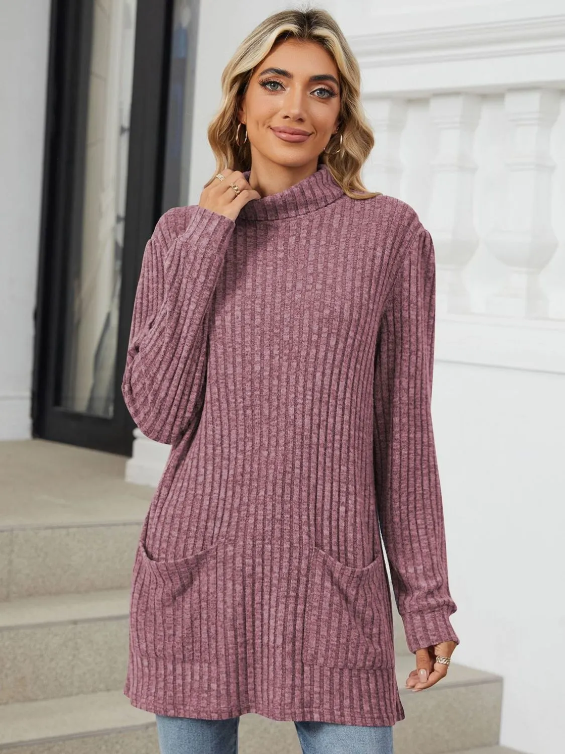 Ribbed Mock Neck Long Sleeve T-Shirt sold by Charming Charlie product image thumbnail 3