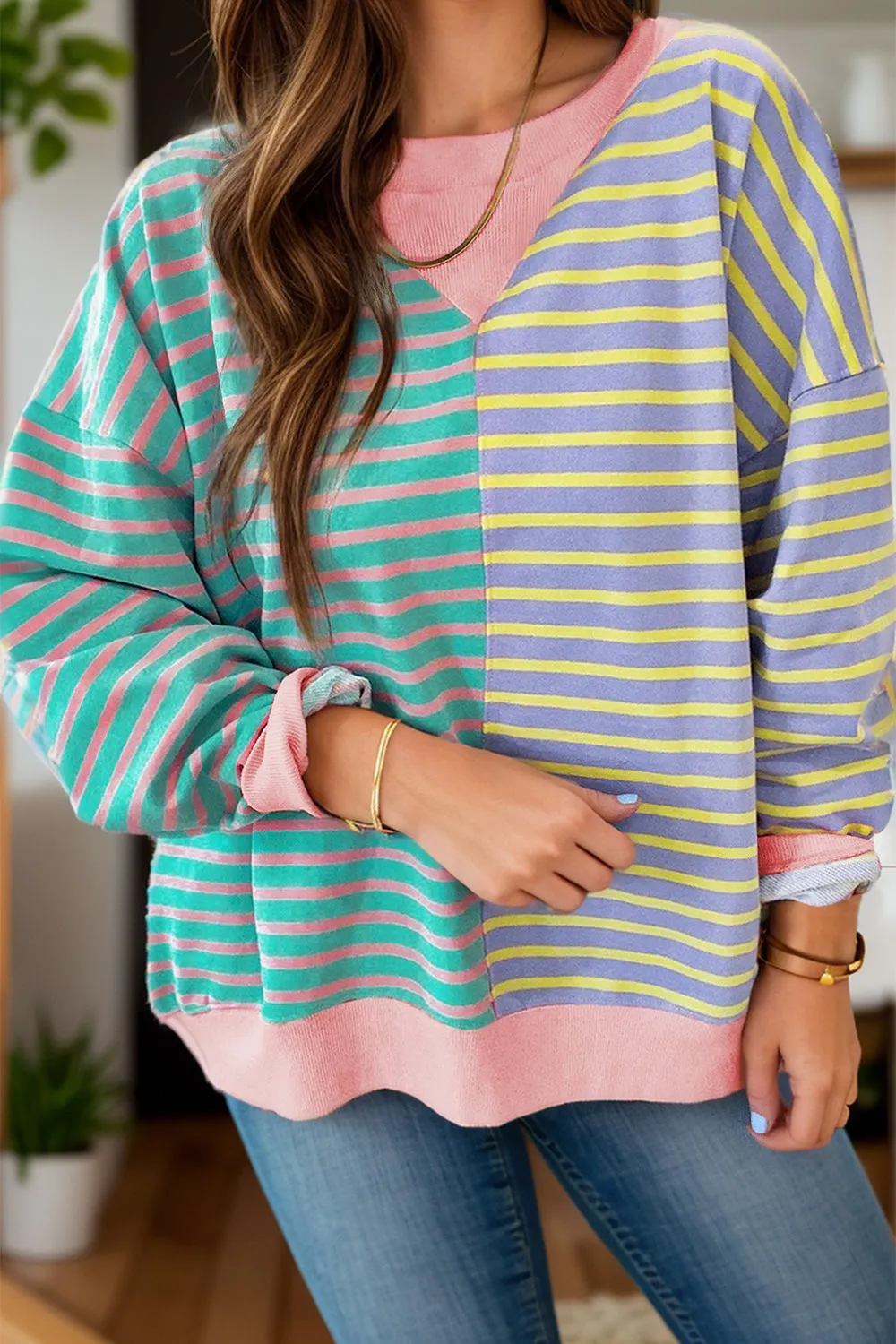 Contrast Stripes Round Neck Long Sleeve Sweatshirt sold by Charming Charlie