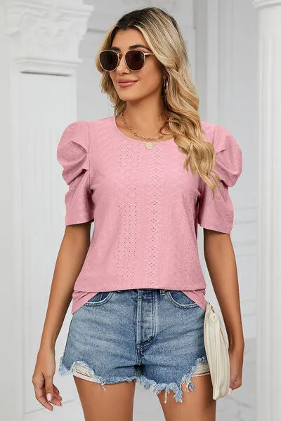 Eyelet Round Neck Puff Sleeve T-Shirt sold by Charming Charlie product image thumbnail 3