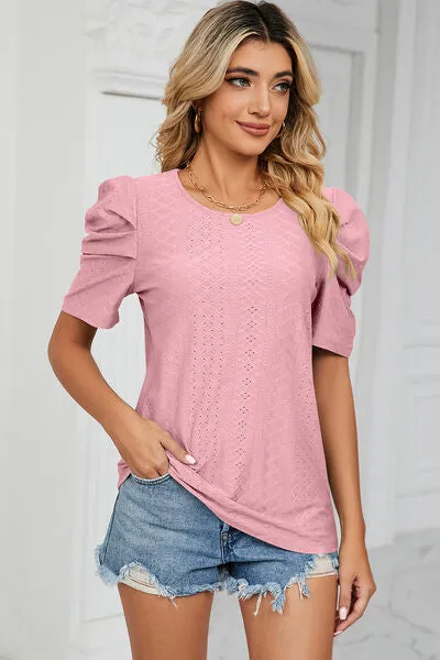 Eyelet Round Neck Puff Sleeve T-Shirt sold by Charming Charlie