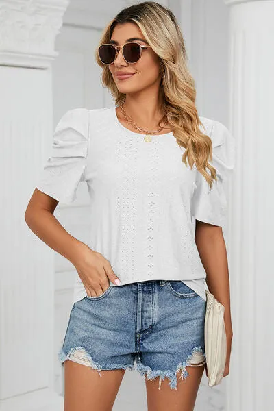Eyelet Round Neck Puff Sleeve T-Shirt sold by Charming Charlie product image thumbnail 4