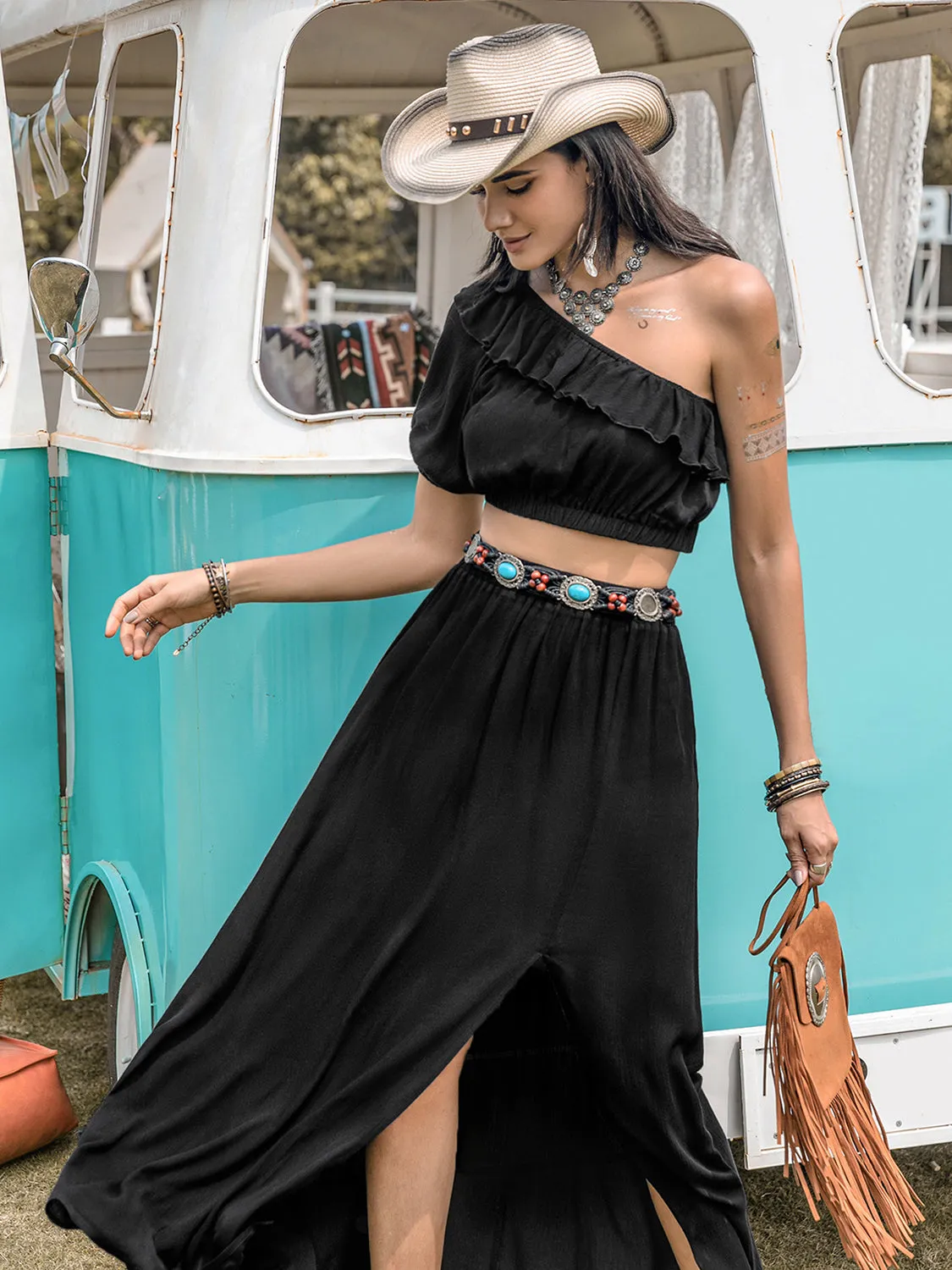 Ruffled Single Shoulder Top and Slit Skirt Set sold by Charming Charlie product image thumbnail 4