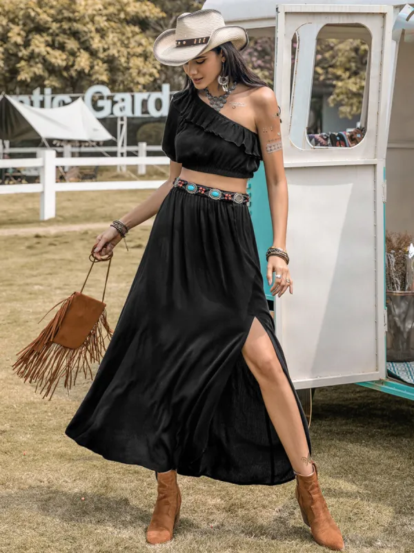 Ruffled Single Shoulder Top and Slit Skirt Set sold by Charming Charlie