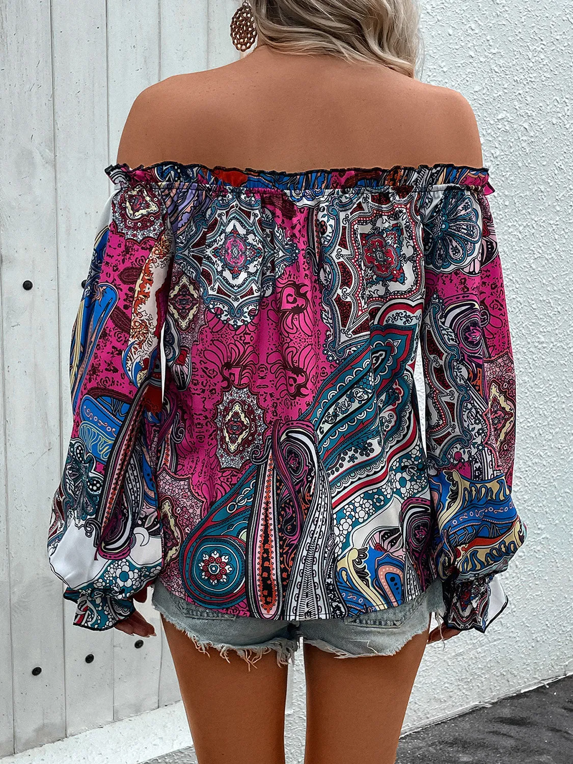 Tied Ruffled Printed Off-Shoulder Long Sleeve Blouse sold by Charming Charlie product image thumbnail 2