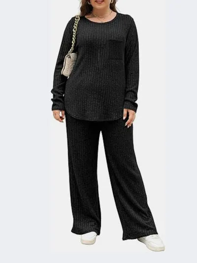 Plus Size Round Neck Long Sleeve Top and Pants Set sold by Charming Charlie