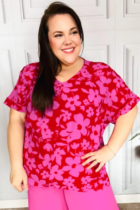 Tropical Trance Magenta Floral V Neck Woven Top sold by Charming Charlie