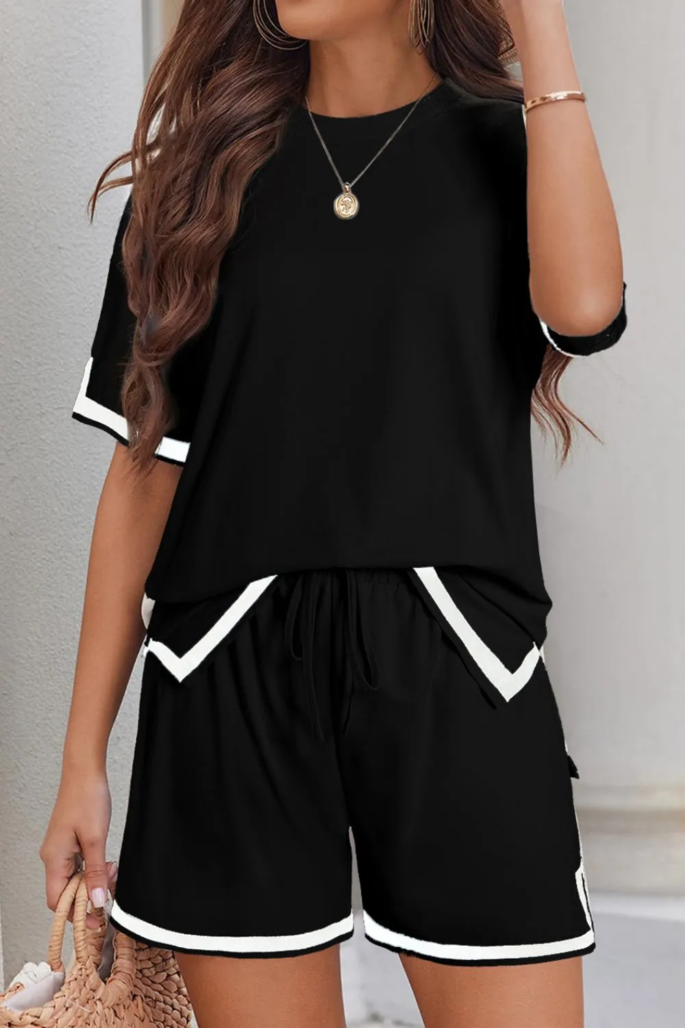 Contrast Trim Half Sleeve Top and Shorts Set sold by Charming Charlie