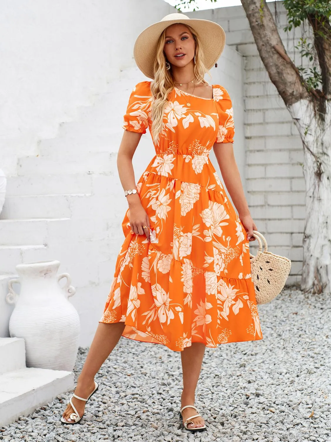 Printed Asymmetric Neck Short Sleeve Midi Dress sold by Charming Charlie