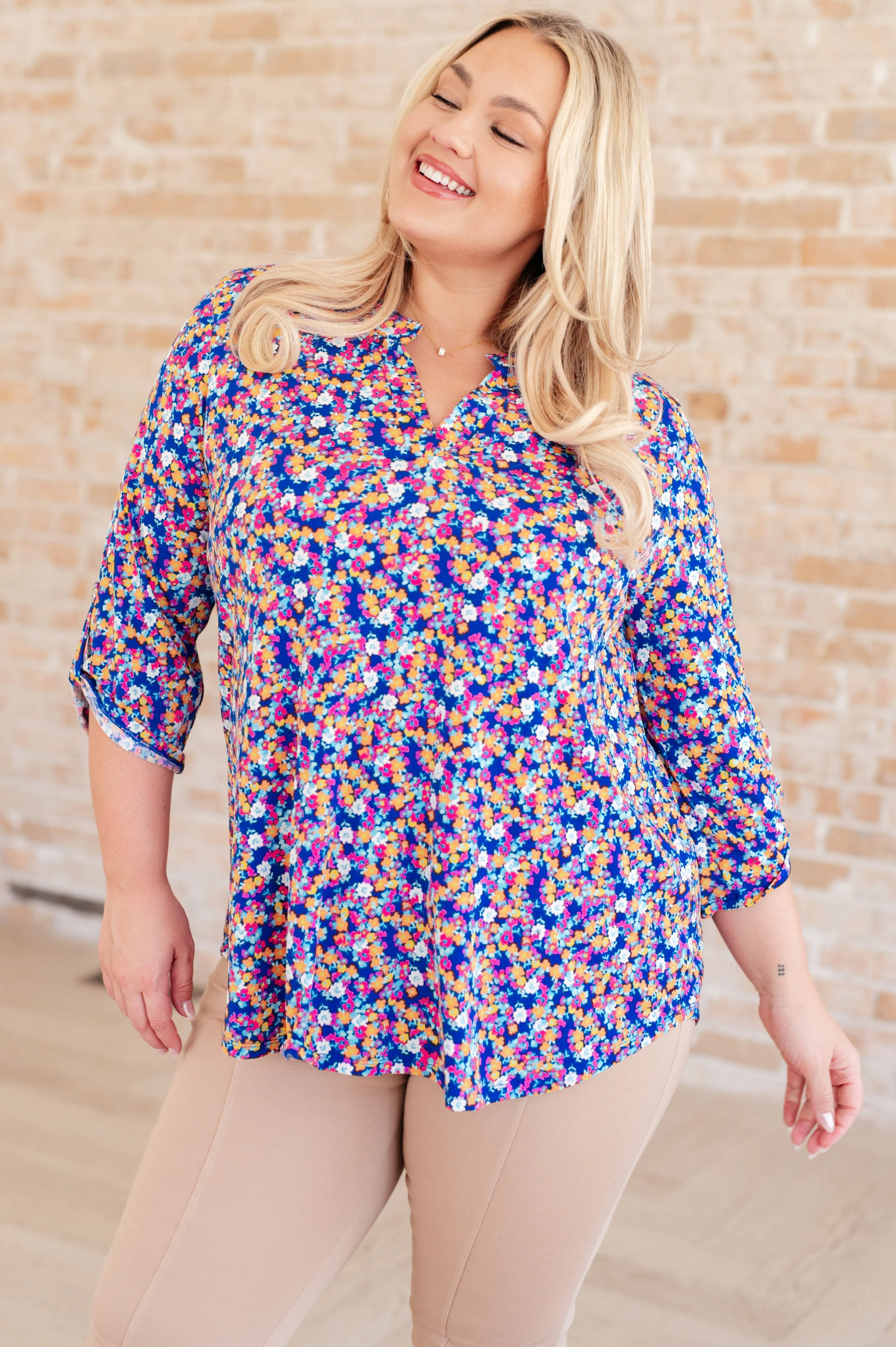 Lizzy Top in Blue and Pink Retro Ditsy Floral sold by Charming Charlie product image thumbnail 2