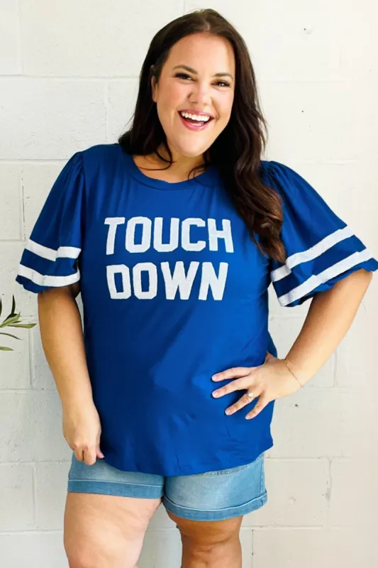 Stand Out Blue "TOUCHDOWN" Sequin Bubble Sleeve Game Day Top sold by Charming Charlie