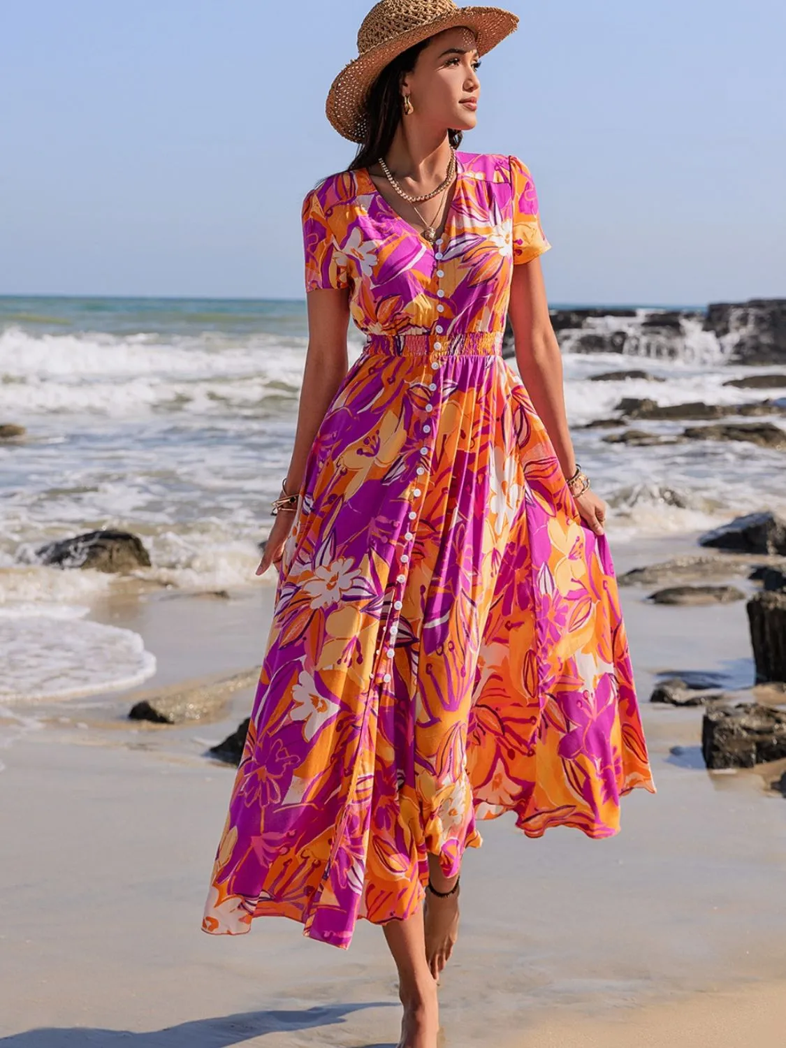 Printed V-Neck Short Sleeve Midi Dress sold by Charming Charlie product image thumbnail 3