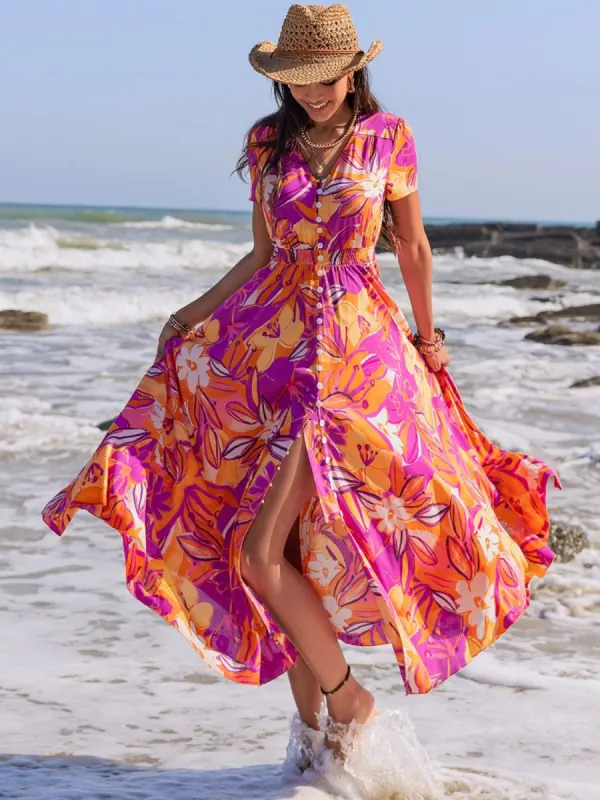Printed V-Neck Short Sleeve Midi Dress sold by Charming Charlie