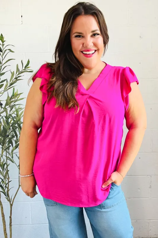 Summer Days Fuchsia Banded V Neck Flutter Sleeve Top sold by Charming Charlie