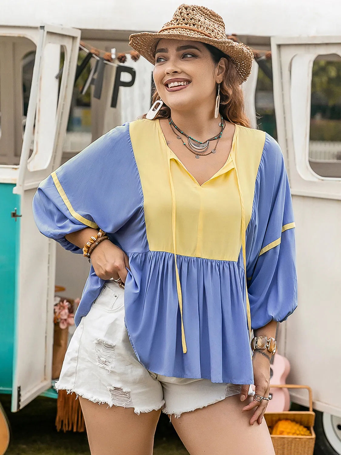 Plus Size Ruched Tie Neck Balloon Sleeve Blouse sold by Charming Charlie