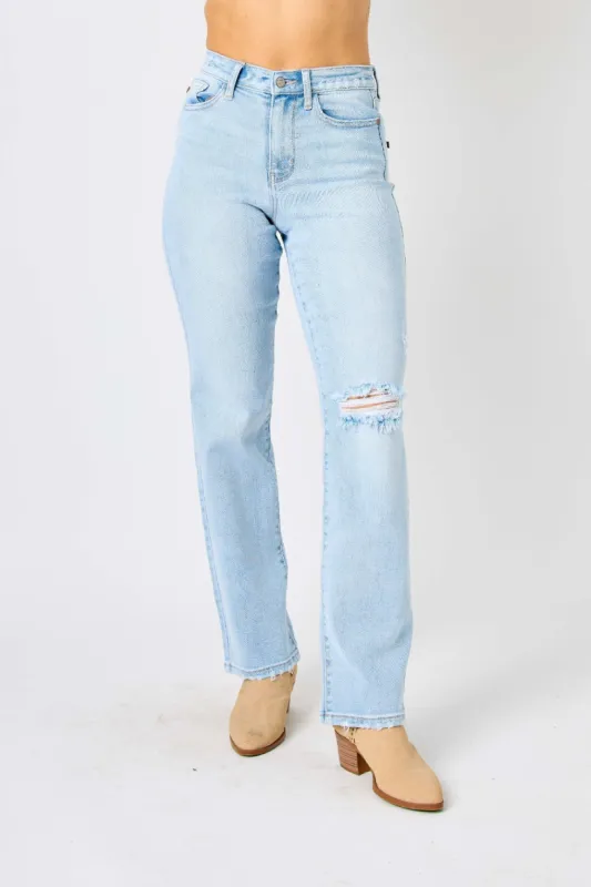 Judy Blue Full Size High Waist Distressed Straight Jeans sold by Charming Charlie