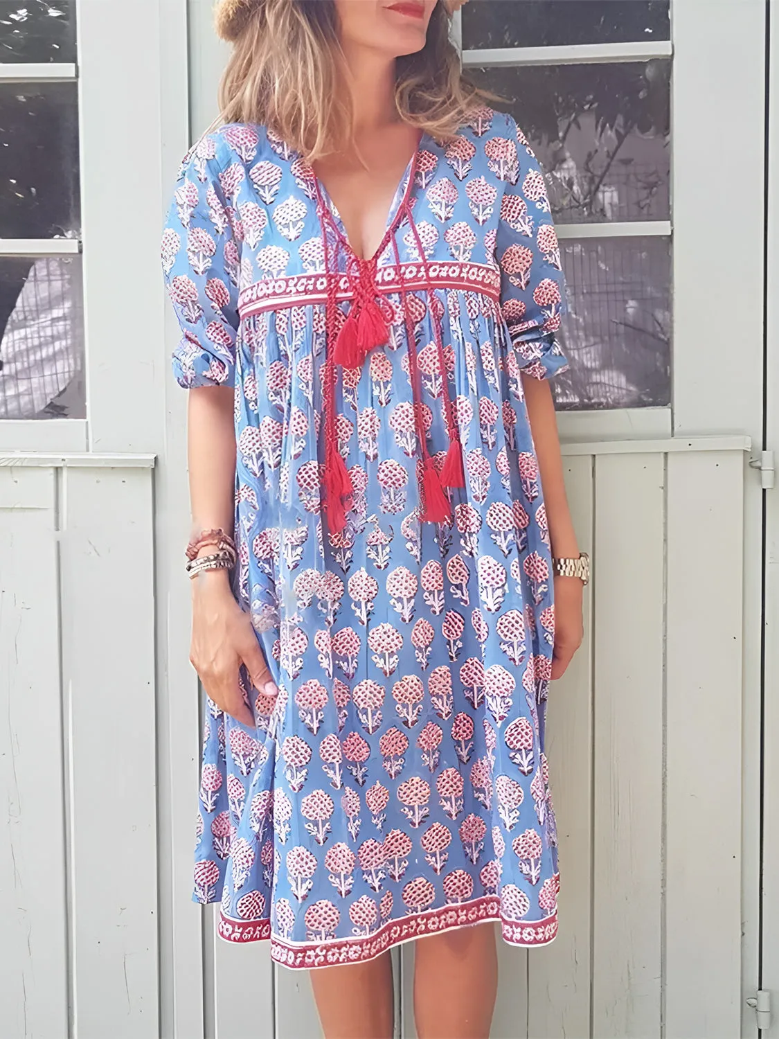 Printed Tie Neck Half Sleeve Mini Dress sold by Charming Charlie