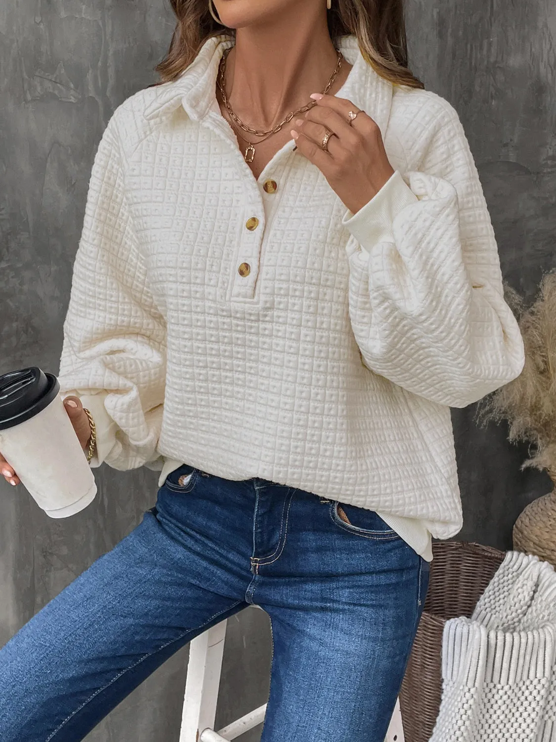 Half Button Long Sleeve Sweatshirt sold by Charming Charlie product image thumbnail 3