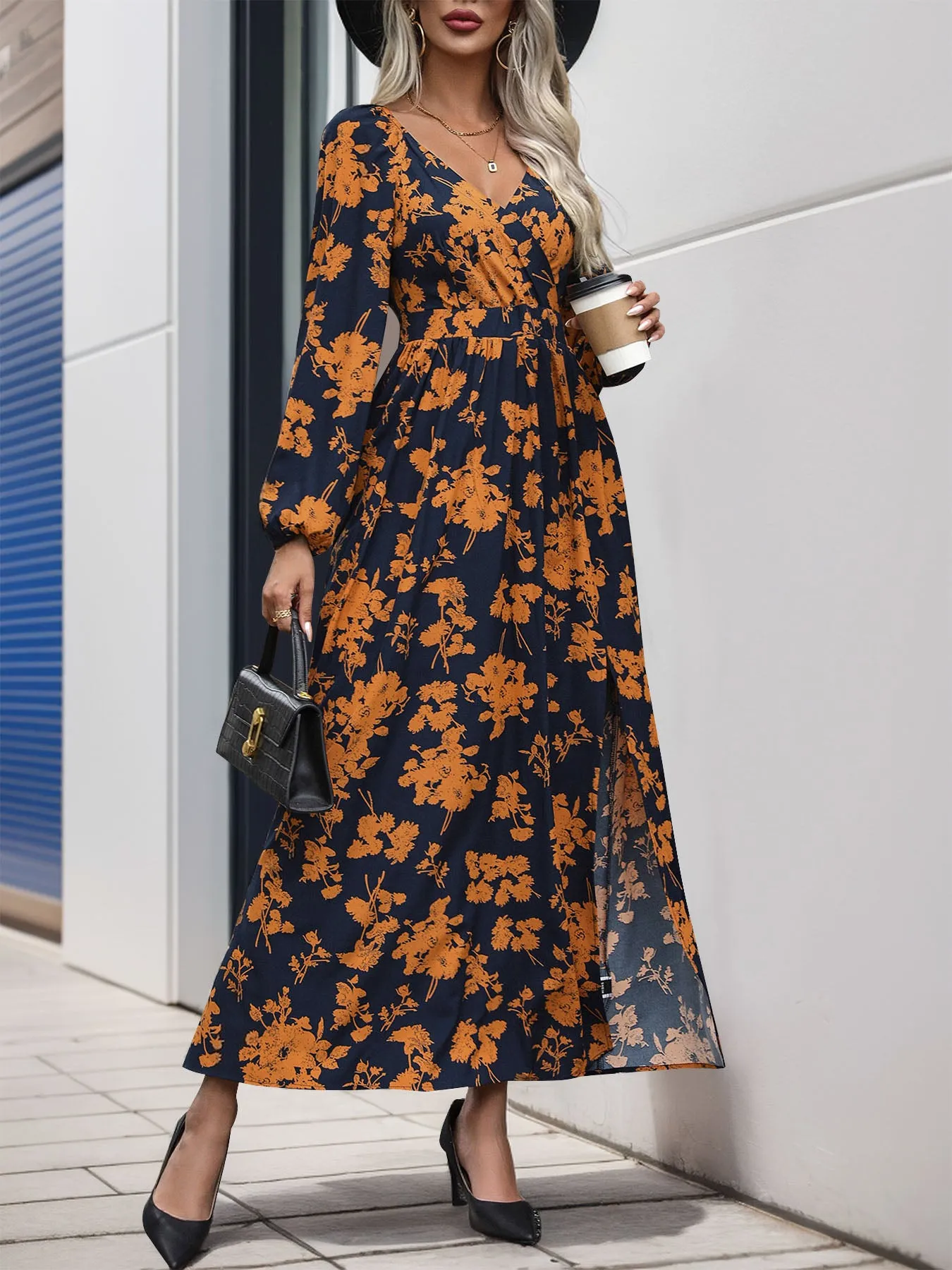 Split Printed Surplice Long Sleeve Midi Dress sold by Charming Charlie
