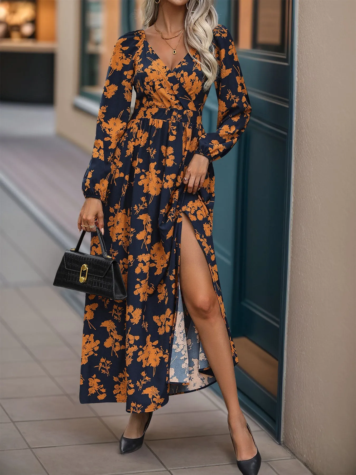 Split Printed Surplice Long Sleeve Midi Dress sold by Charming Charlie product image thumbnail 5