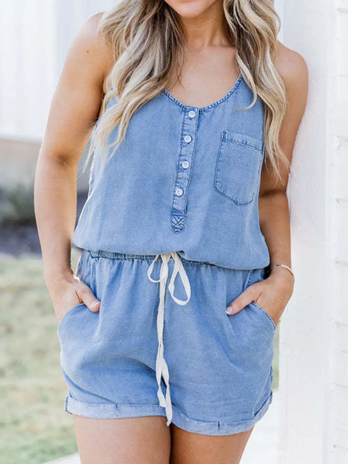 Pocketed Half Button Sleeveless Denim Romper sold by Charming Charlie product image thumbnail 5
