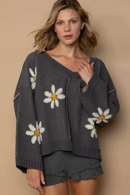 POL V-Neck Floral Pattern Chenille Sweater sold by Charming Charlie